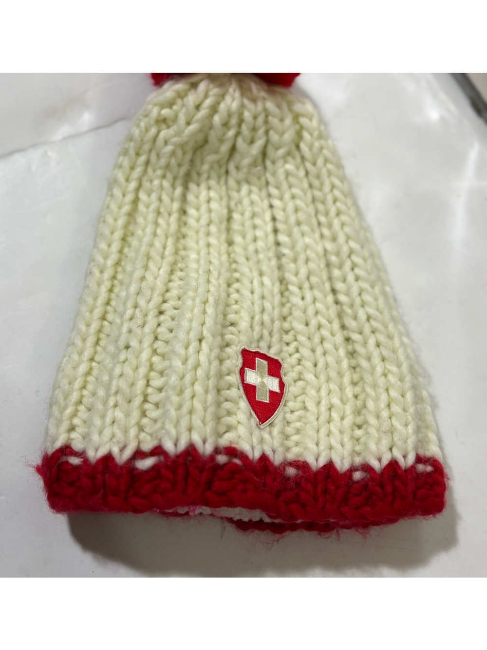 Alphorn Swiss Cream Knit Pom Beanie with Red Accent